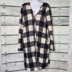 White Birch Women’s Black Ivory Buffalo Plaid Long Button Cardigan Sweater Size
